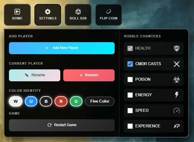 Player Management menu in an MTG life tracker showing options to add or rename a player, set color identity, and toggle visible counters like health, commander casts, poison, and energy.