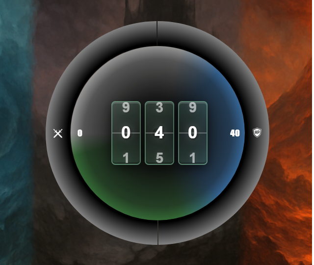 MTG life counter showing a player’s health displayed in the center with an interactive circular menu for switching counters.